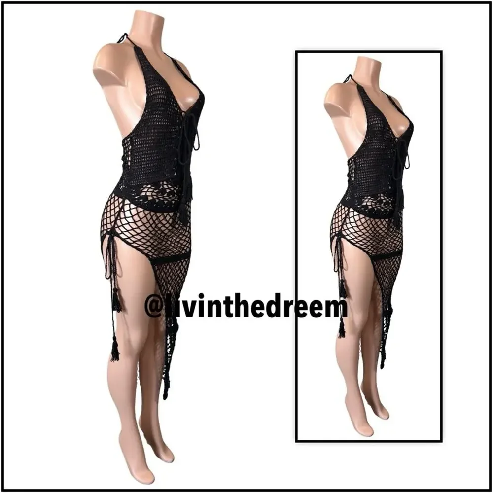 Frankies Bikinis Black Crochet Sunrise Cover Up Dress SZ L $250